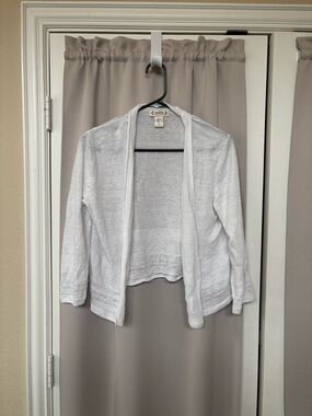 Nanette Lepore White Open-Front Linen cropped Cardigan with lace like detail